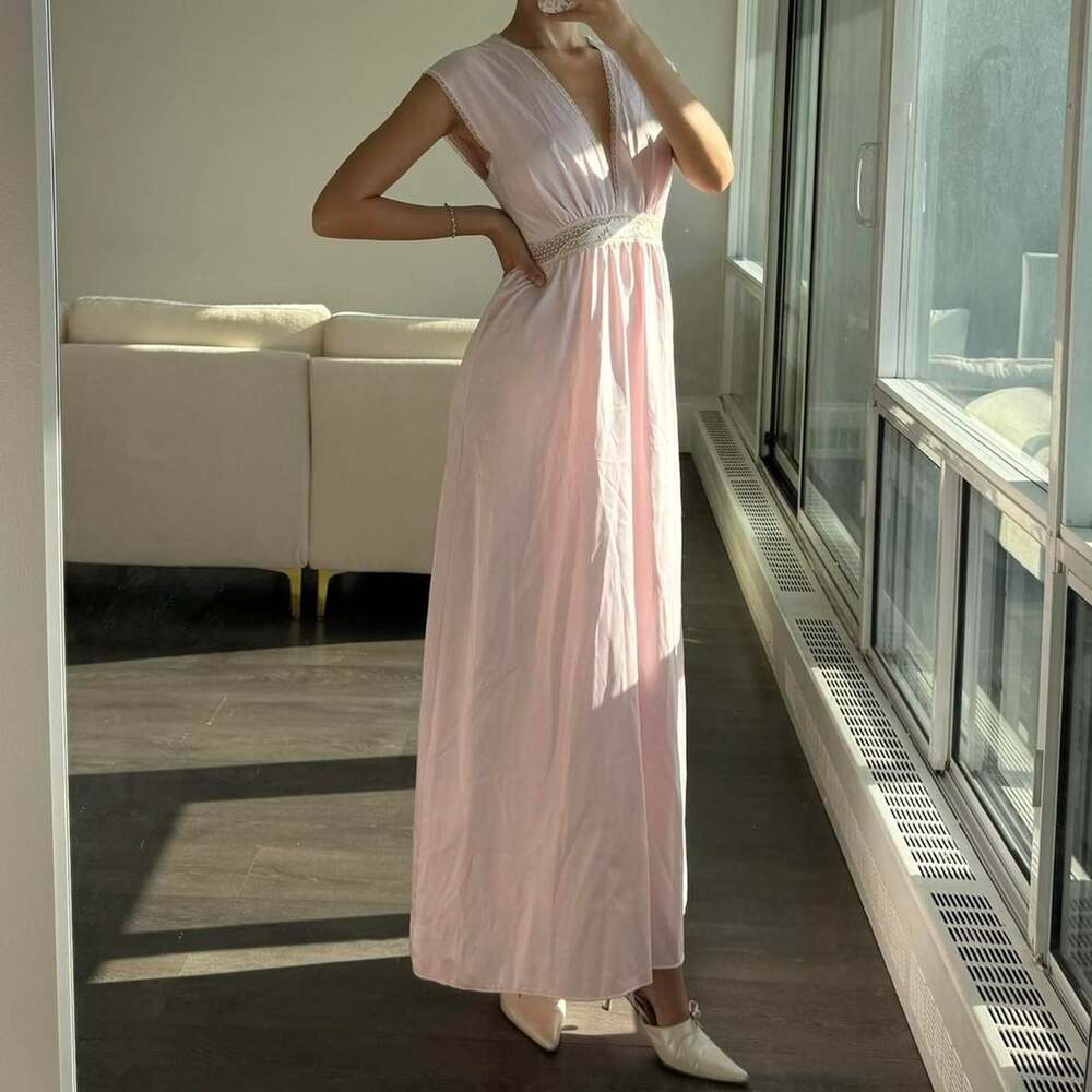 Vintage Baby Pink Lace Trim Maxi Dress - Fairycore Ballet Style - Picture 2 of 8